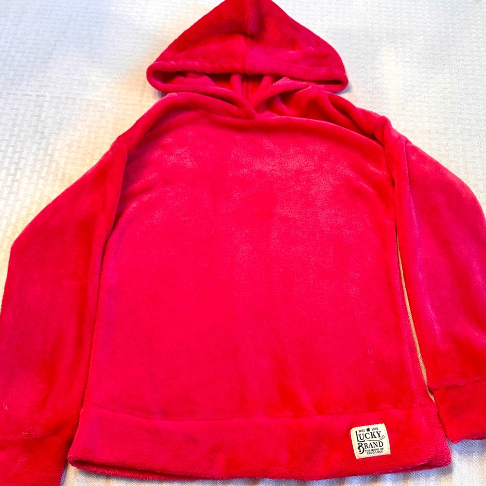 Lucky Brand Girls Pink Fleece Hoodie Plush Pullover Sweatshirt Size M 10/12
